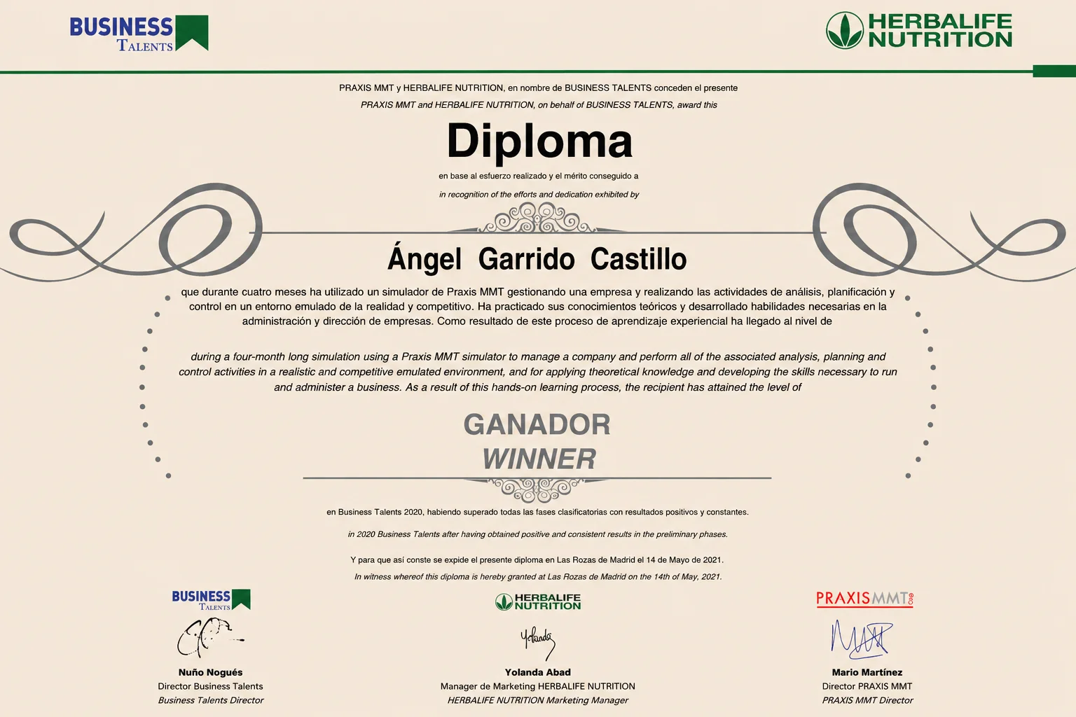 Diploma Business Talents, ganador de la edición 2020