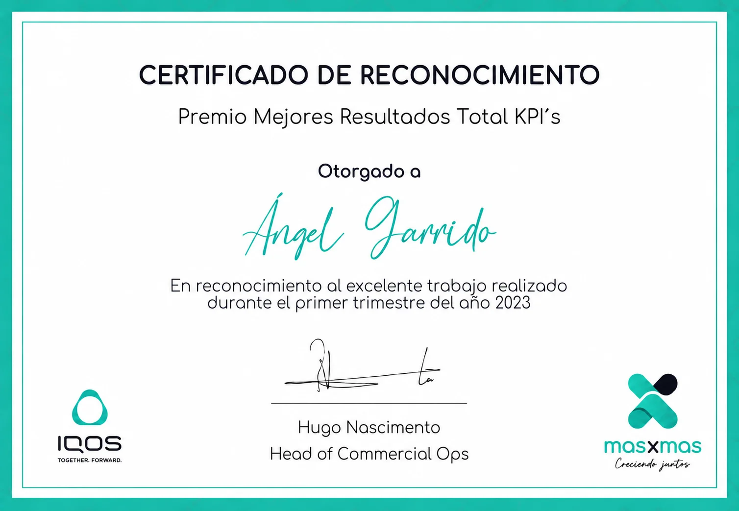 Certificado de reconocimiento Premio Mejores Resultados Total KPIs de IQOS