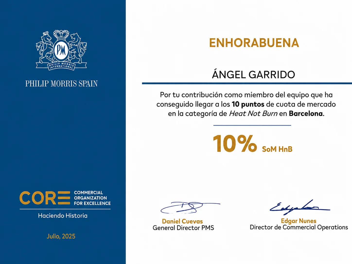 Reconocimiento por alcanzar el 10% de cuota de mercado Heat-Not-Burn en Barcelona, Philip Morris Spain